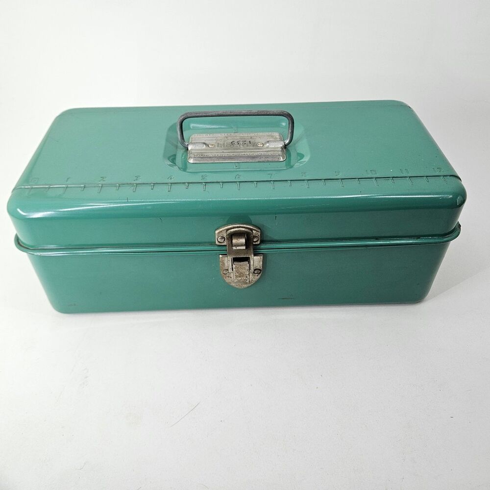 Vintage Liberty Steel Chest Corp Metal Tool Box Green with Tray & Ruler Top USA